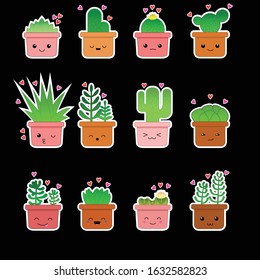 Vector graphic cute stickers green succulents and cacti with hearts.