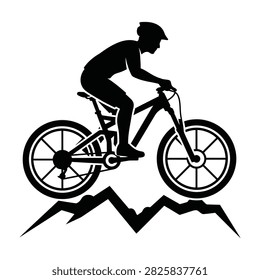 Vector graphic of a cyclist on a mountain bike navigating a rough path. Black silhouette style icon suitable for sports logos, web design, and outdoor activity illustrations.