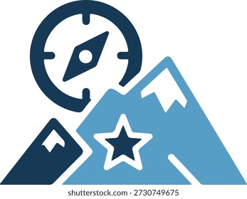 Vector gráfico de una brújula azul oscuro en una cima de la montaña con una estrella y nieve azul aislado en el fondo blanco