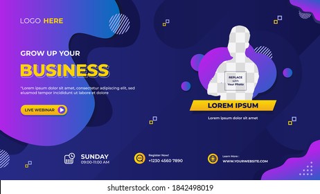 Vector graphic of dark blue and purple background with fluid shape composition, Suitable for web banner, business webinar, seminar, Online Courses, landing page, etc