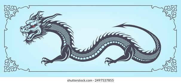 Vector graphic dark monochrome stylistic asian, chinese long writhing dragon in frame. Banner or greeting postcard. Blue background.