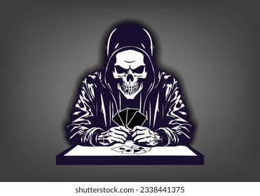 Vector graphic death in a hoodie, with a hood and a skull sits at a table with playing cards. Four aces. Dark shadow. Gray background.