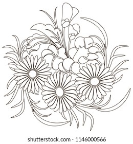 Vector graphic Decorative Chamomile & Campanula Silhouette. Beautiful hand-drawn composition for coloring book, coloration, children's drawing, as well as for designers creativity, etc.