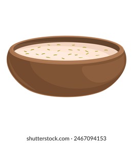 Vector graphic of a delicious creamy soup garnished with herbs in a rustic bowl