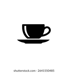 Vector graphic depicting a black and white coffee cup with handle placed on a saucer, presented in a clean, minimalist style suitable for various applications.