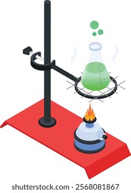 A vector graphic depicting a chemical reaction in a flask, heated by a Bunsen burner on a stand. Useful for chemistry, science, and educational materials.