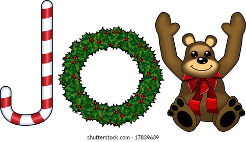 vector graphic depicting Christmas holiday objects spelling word: JOY