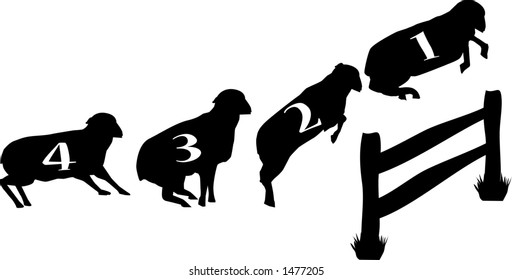 vector graphic depicting concept of counting sheep jumping over a fence in order to fall asleep