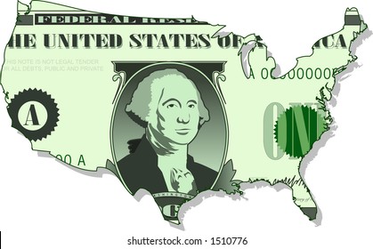 vector graphic depicting a dollar bill in the shape of a USA map