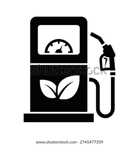 Vector graphic depicting an eco-friendly fuel pump with leaf emblem. Clean, minimalist design. Ideal for sustainability campaigns, green energy branding, or automotive industry content.