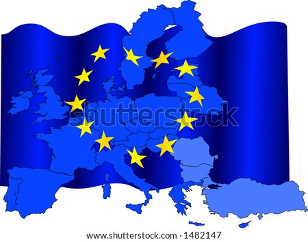 vector graphic depicting a map of the European Union and waving EU flag
