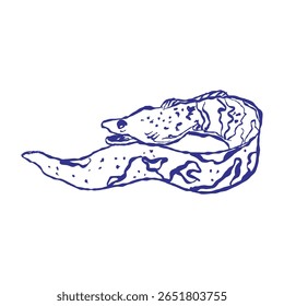 Gráfico vetorial representando uma enguia predadora marinha nadando em recifes de água salgada. Esta arte detalhada enfatiza a conservação e a vida aquática natural em ambientes oceânicos.
