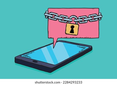 Gráfico vectorial que representa un teléfono junto con una nube en la que se cierra una cadena y un candado. Ilustración dibujada a mano.