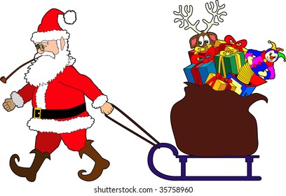 vector graphic depicting Santa Claus pulling a sled of Christmas gifts