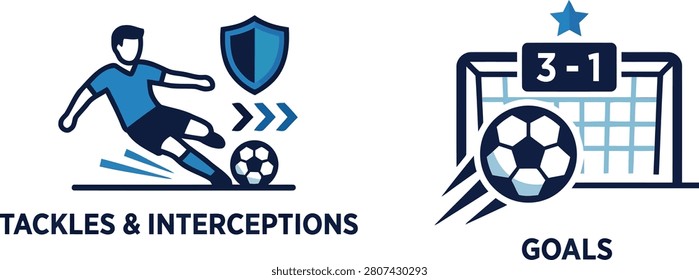 Vector graphic depicting soccer statistics with icons for tackles, interceptions, goals, and a scoreboard displaying a 3-1 scoreline.