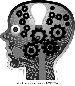 vector graphic depicting a stylized cutaway head (concept: an idea or thinking)