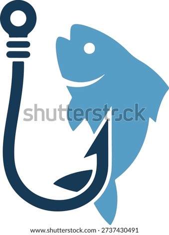 A vector graphic depicting a stylized fish caught on a fishing hook in various shades of blue, creating a unique symbol for fishing and outdoors