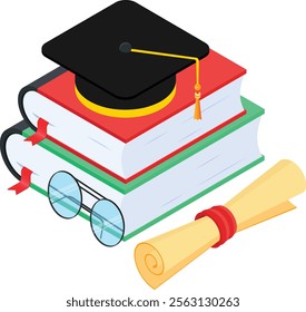 A vector graphic depicting symbols of education: books, a graduation cap, glasses, and a diploma. Suitable for educational websites, presentations, and learning materials.