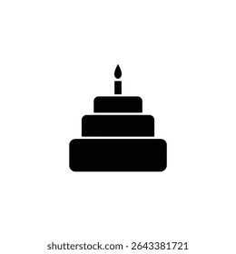 Vector graphic depicting a three-layer cake, stylized in solid black against a white background, topped with a single lit candle, creating a celebration theme.