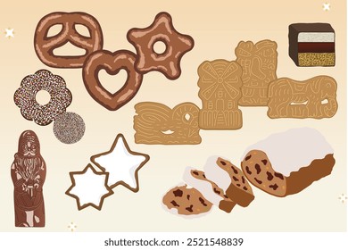 A vector graphic depicting traditional German Christmas treats like gingerbread, cinnamon stars, Spekulatius, chocolate wreaths, and Stollen. Festive, delicious, and perfect for the holidays.