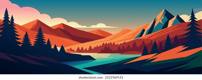 A vector graphic depicting a warm-colored mountain landscape at sunrise, with a serene river flowing under a glowing sunset, blending natural beauty with a calming ambiance.