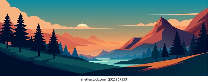 A vector graphic depicting a warm-colored mountain landscape at sunrise, with a serene river flowing under a glowing sunset, blending natural beauty with a calming ambiance.