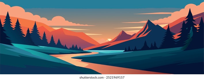 Um gráfico vetorial representando uma paisagem de montanha de cor quente ao nascer do sol, com um rio sereno fluindo sob um pôr do sol brilhante, misturando beleza natural com um ambiente calmante.