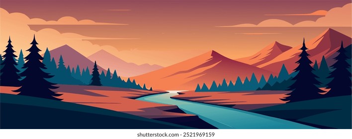 A vector graphic depicting a warm-colored mountain landscape at sunrise, with a serene river flowing under a glowing sunset, blending natural beauty with a calming ambiance.