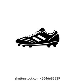 O gráfico vetorial representa um chute de futebol preto com cadarços brancos e três listras na lateral. O sapato tem uma sola com pregos para segurar a superfície de jogo.