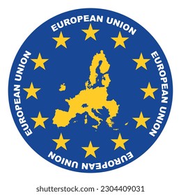 The vector graphic depicts a blue circle with the inscription "European Union". Inside the circle, there is a graphical representation of the borders of the Union.