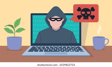 Vector graphic depicts a hacker in a hoodie using a laptop, with binary code on the screen. A speech bubble with a skull and crossbones indicates a cyber threat. A plant and coffee cup are on the desk