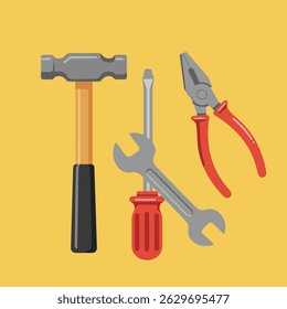 A vector graphic depicts a hammer, a wrench on top of a screwdriver, and pliers arranged together on a gold background, creating a focused composition.