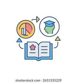 Vector graphic depicts an open book connected in a cycle with a graph and graduate icon, flat style.