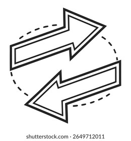 A vector graphic depicts two bold black outline arrows facing opposite directions, forming a circular motion.