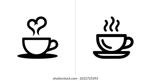 Vector graphic depicts two coffee cups with steam. One shows steam shaped as hearts, other depicts a cup on saucer with steam from a hot drink.