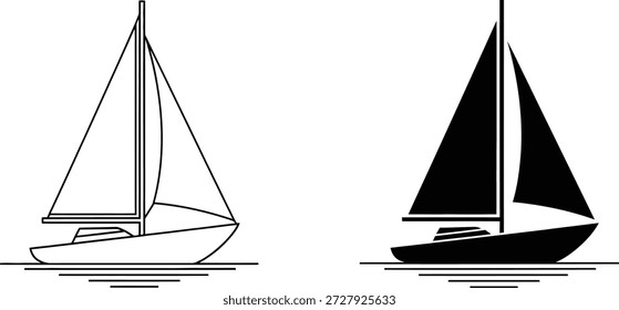 Vektorgrafik zeigt zwei Segelboot-Silhouetten, eine weiße Umrisslinie, eine gefüllte schwarze. Beide Schiffe sind auf einer stilisierten Wasserlinie mit horizontalen parallelen Linien dargestellt.