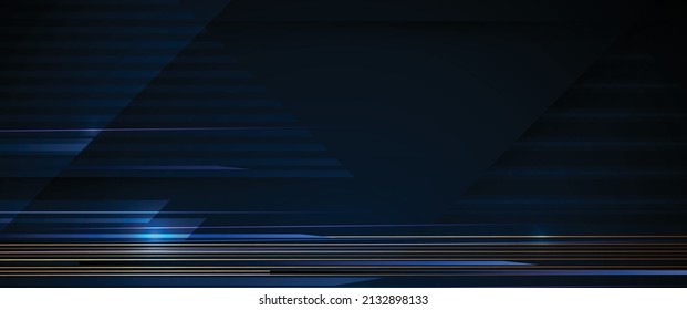 Diseño gráfico vectorial, tecnología moderna abstracta, concepto futurista. Ilustración, forma geométrica, color dorado claro, patrón de línea con fondo de colores azul y negro para banner, plantilla