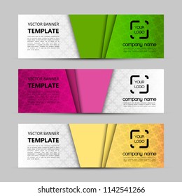 Vector graphic design banner backgrounds in three different colors. Paper origami style.