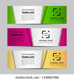 Vector graphic design banner backgrounds in three different colors. Paper origami style.