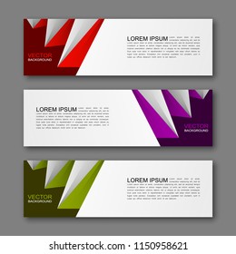 Vector graphic design banner backgrounds in three different colors. Paper origami style.