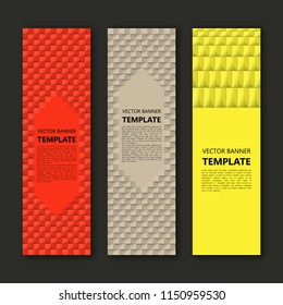 Vector graphic design banner backgrounds in three different colors. Paper origami style.
