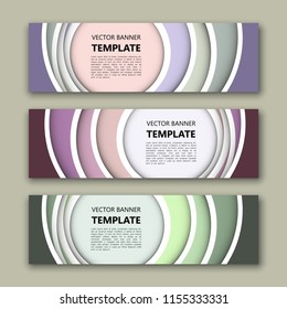 Vector graphic design banner backgrounds in three different colors. Paper origami style.