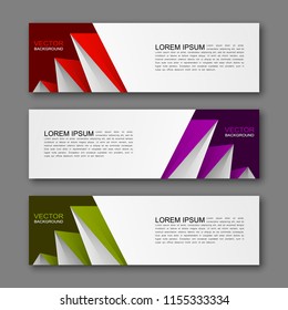 Vector graphic design banner backgrounds in three different colors. Paper origami style.