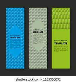 Vector graphic design banner backgrounds in three different colors. Paper origami style.