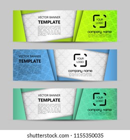 Vector graphic design banner backgrounds in three different colors. Paper origami style.