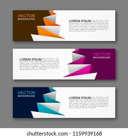 Vector graphic design banner backgrounds in three different colors. Paper origami style.