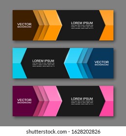 Vector graphic design banner backgrounds in three different colors. Paper origami style.