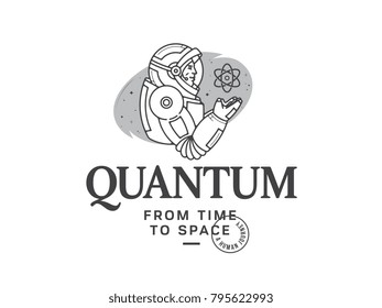 It's a vector graphic design depicting a spaceman holding an atom