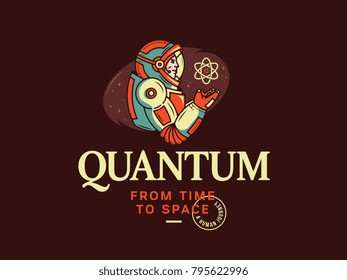 It's a vector graphic design depicting a spaceman holding an atom