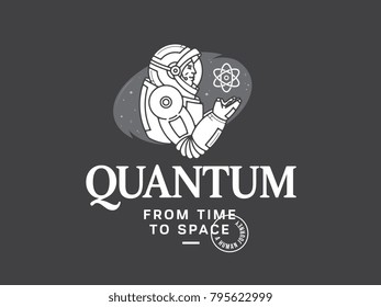 It's a vector graphic design depicting a spaceman holding an atom